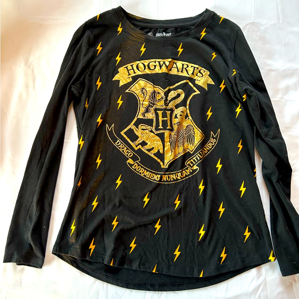 Girls Harry Potter long sleeve shirt, size XL, black and gold, lightning bolt